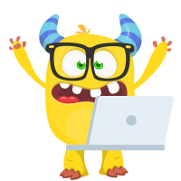 Upset yellow monster with laptop