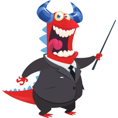 Happy red monster pointing wearing business suit