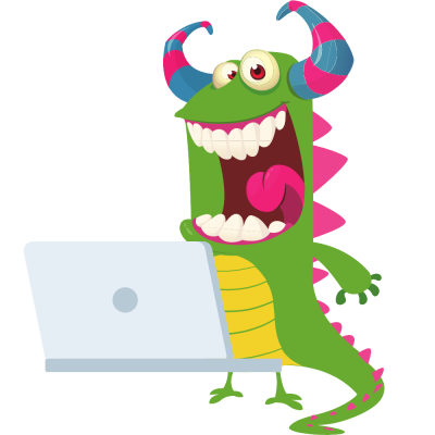 Happy green monster with laptop