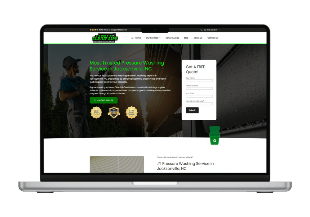 Laptop with Clean Life Sanitation website