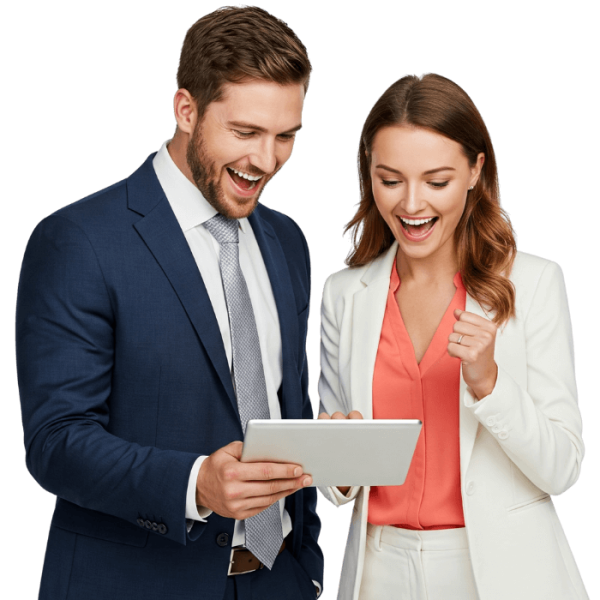 Happy business owners looking at Apple iPad